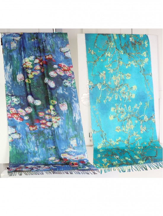  Almond Blossoms & Water Lilies Double-sided Oil Painting Scarf